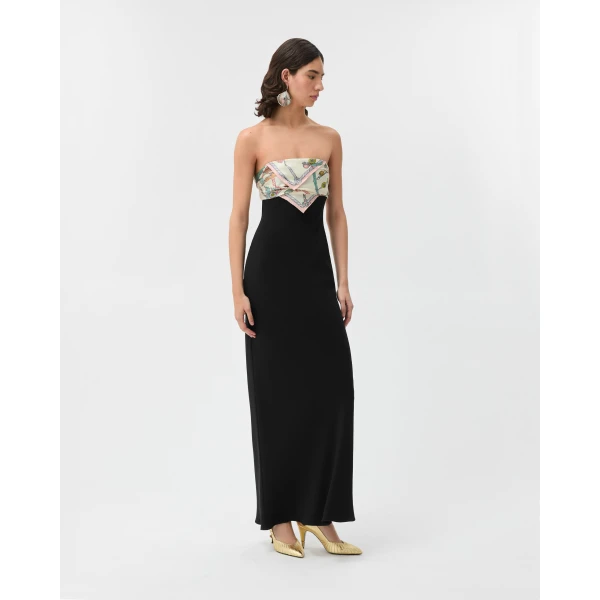 Versace Silk Crêpe Marocaine Strapless Gown in White and Hanging' Out Print, view 2 | Evening Gowns