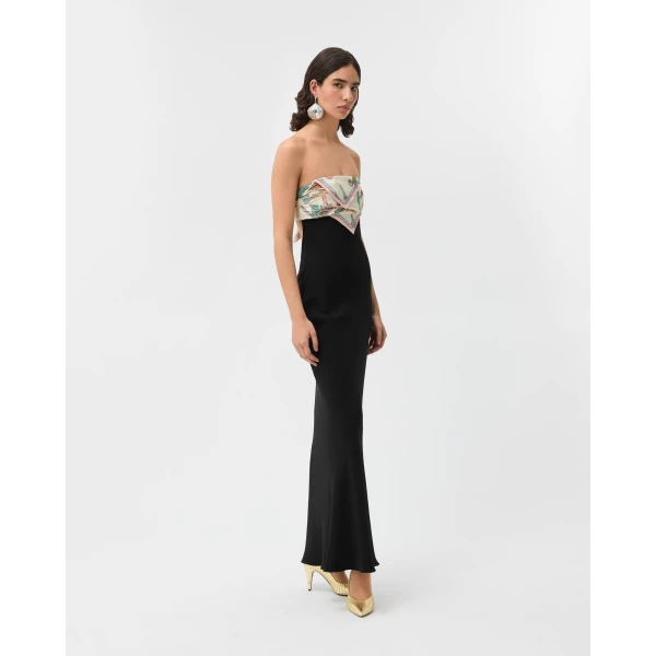 Versace Silk Crêpe Marocaine Strapless Gown in White and Hanging' Out Print, view 4 | Evening Gowns