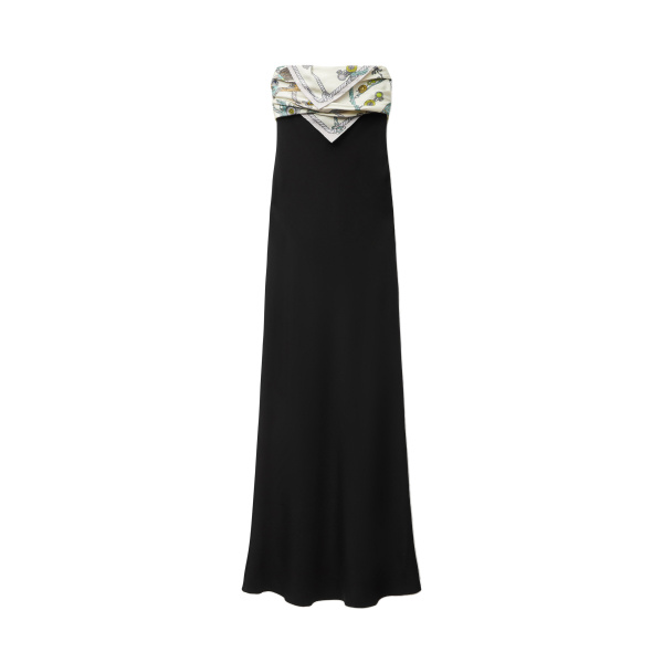 Silk Crêpe Marocaine Strapless Gown in White and Hanging' Out Print