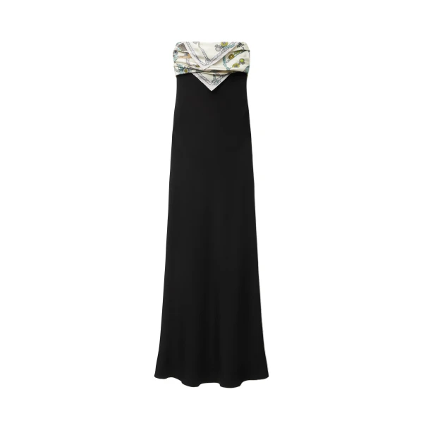 Versace Silk Crêpe Marocaine Strapless Gown in White and Hanging' Out Print | Evening Gowns | Coveti