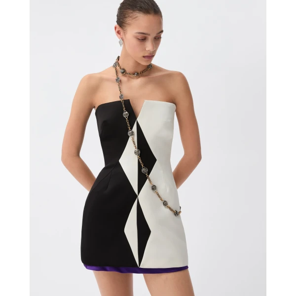Versace Silk Duchesse Mini Dress in Black and White, view 2 | Mini Dresses