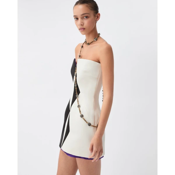 Versace Silk Duchesse Mini Dress in Black and White, view 4 | Mini Dresses