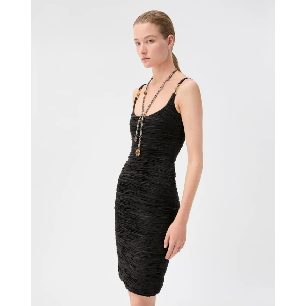 Versace Silk Satin Draped Mini Dress in Black, view 4 | Mini Dresses