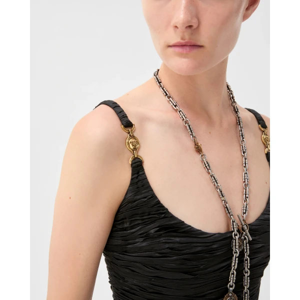 Versace Silk Satin Draped Mini Dress in Black, view 5 | Mini Dresses