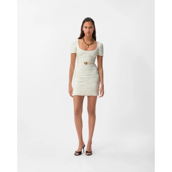 Versace Silk Satin Draped Mini Dress in White, view 2 | Mini Dresses
