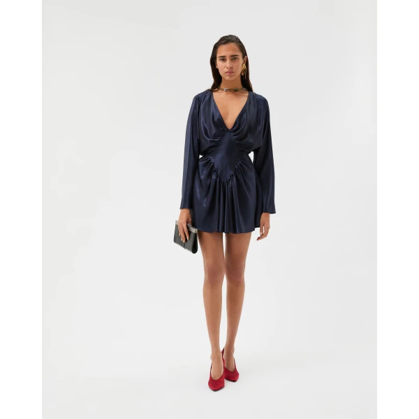 Versace Silk-Satin Mini Dress in Navy, view 2 | Mini Dresses