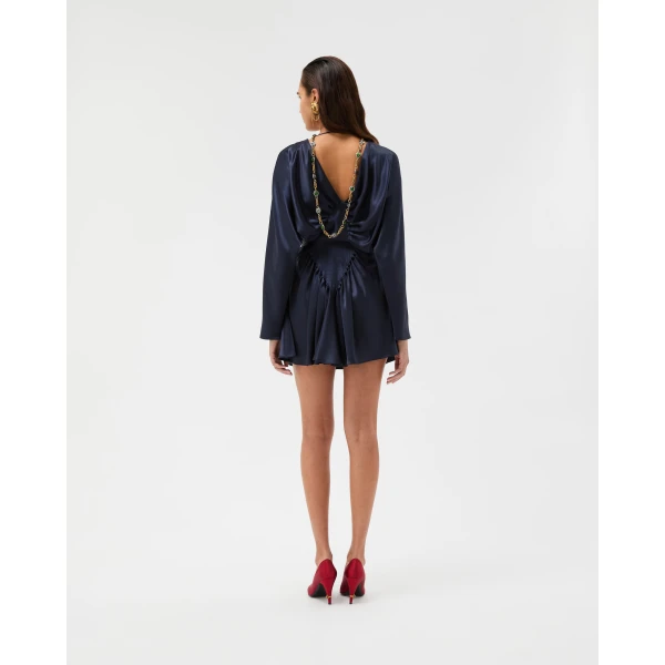 Versace Silk-Satin Mini Dress in Navy, view 3 | Mini Dresses