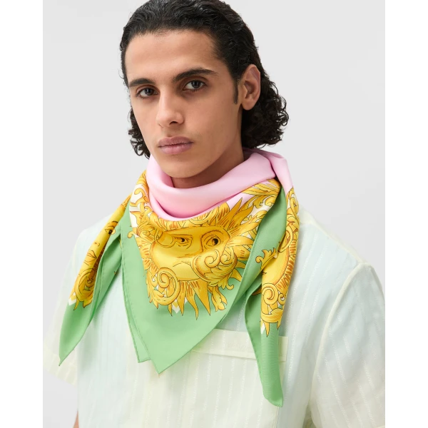 Versace Silk Twill Scarf Printed 90 cm in Yellow and Pink, view 4 | Scarves