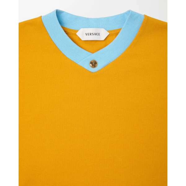 Versace Stretch Cotton-Jersey T-Shirt in Blue and Yellow, view 2 | T-shirts