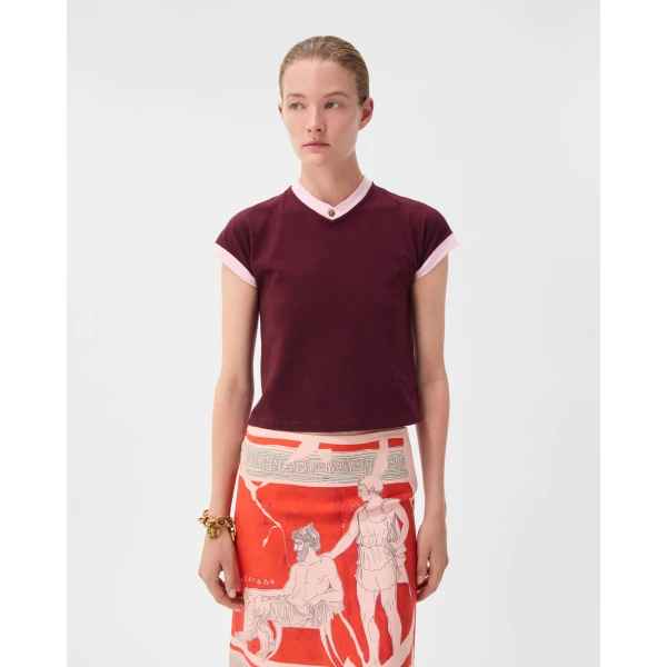 Versace Stretch Cotton-Jersey T-Shirt in Burgundy, view 2 | T-shirts
