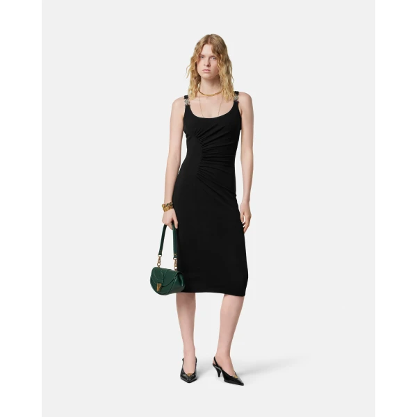 Versace Stretch Crêpe Jersey Midi Dress in Black, view 2 | Midi Dresses