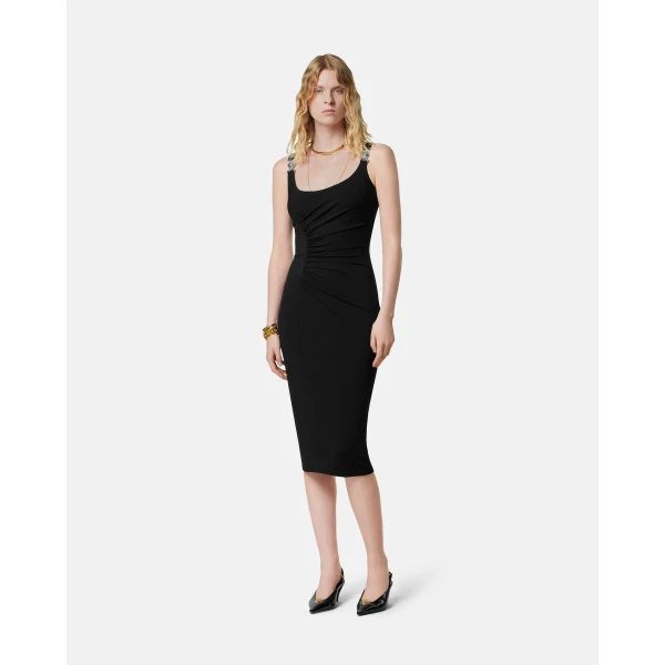 Versace Stretch Crêpe Jersey Midi Dress in Black, view 4 | Midi Dresses