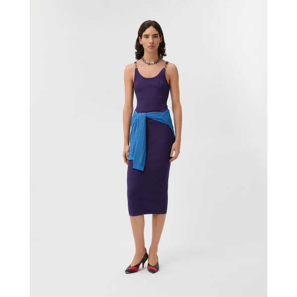 Versace Stretch Viscose Mesh Ribbed Knit Midi Skirt in Purple, view 2 | Midi Skirts