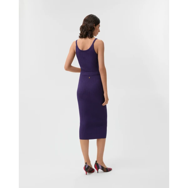 Versace Stretch Viscose Mesh Ribbed Knit Midi Skirt in Purple, view 3 | Midi Skirts