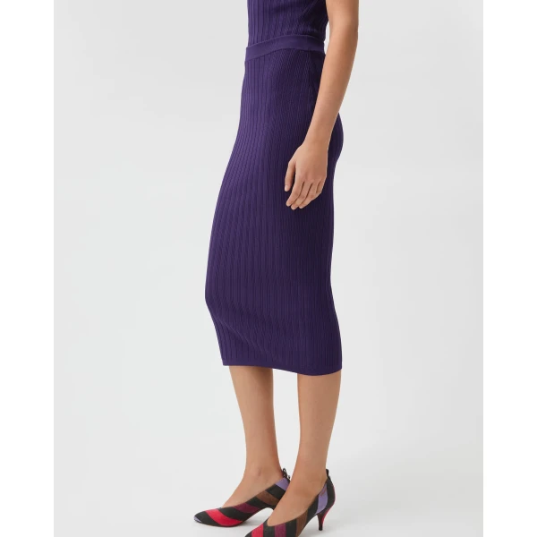 Versace Stretch Viscose Mesh Ribbed Knit Midi Skirt in Purple, view 4 | Midi Skirts