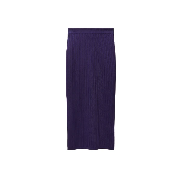 Stretch Viscose Mesh Ribbed Knit Midi Skirt in Purple