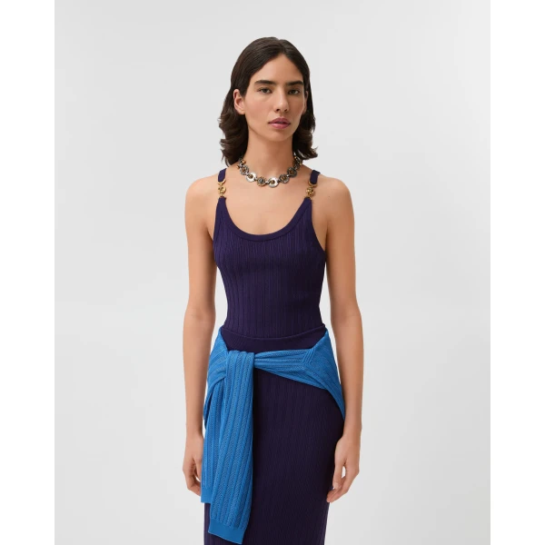 Versace Stretch Viscose Mesh Ribbed Knit Top in Purple, view 2 | Tops