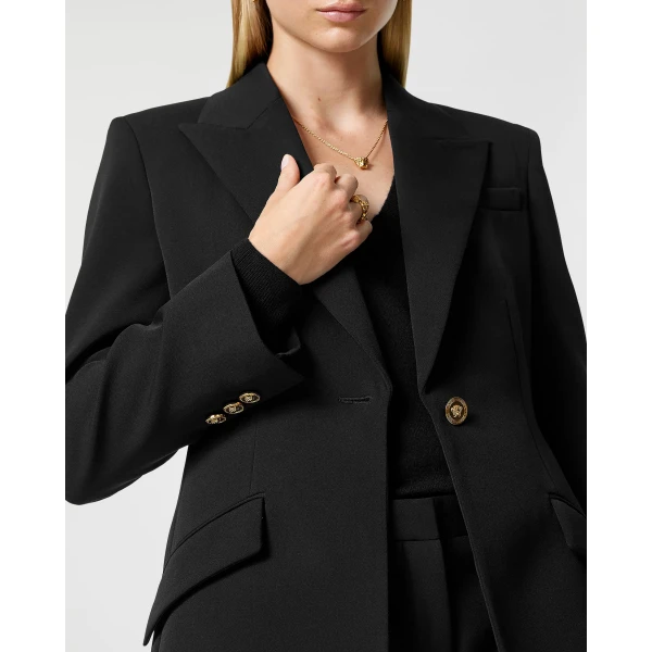 Versace Stretch Wool Blazer in Black, view 3 | Blazers