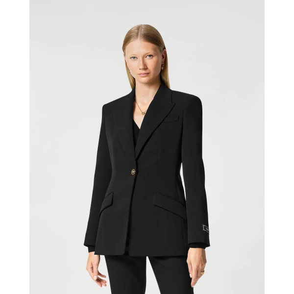 Versace Stretch Wool Blazer in Black, view 4 | Blazers