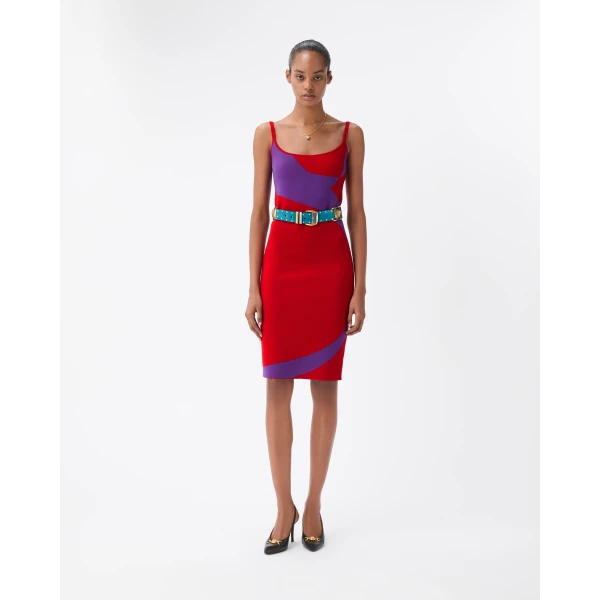 Versace Stretch Wool Knit Mini Dress in Purple and Red, view 2 | Mini Dresses