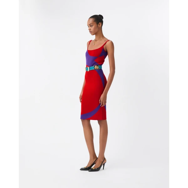 Versace Stretch Wool Knit Mini Dress in Purple and Red, view 4 | Mini Dresses