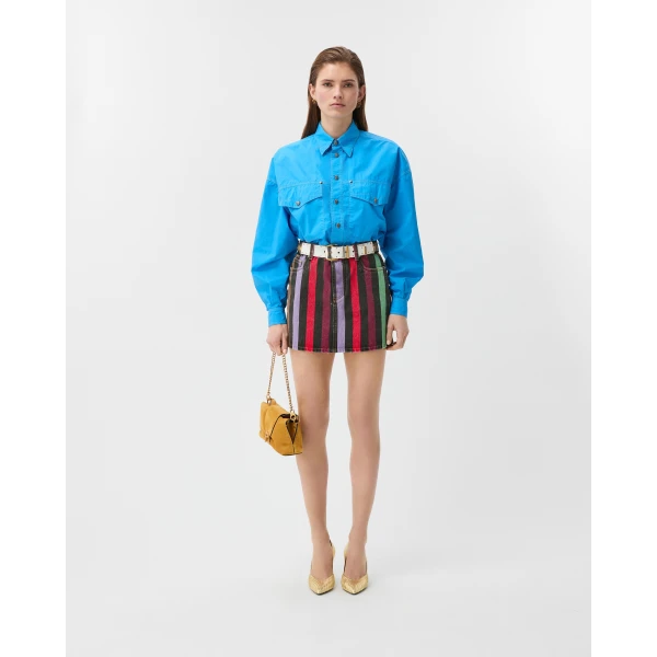 Versace Striped Denim Mini Skirt in Multicolour, view 2 | Denim Skirts
