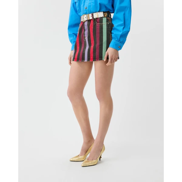 Versace Striped Denim Mini Skirt in Multicolour, view 4 | Denim Skirts
