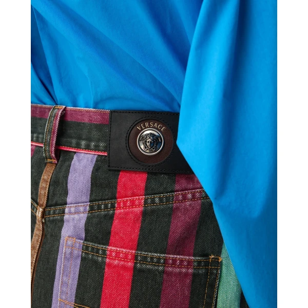 Versace Striped Denim Mini Skirt in Multicolour, view 5 | Denim Skirts