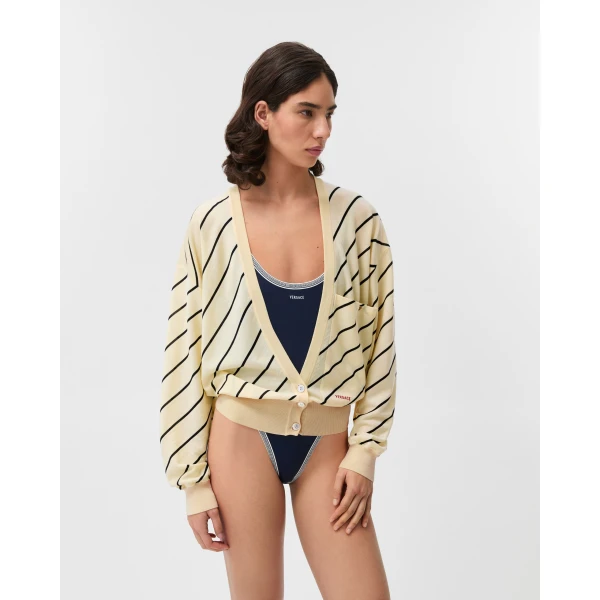 Versace Striped-Intarsia Wool Knit Cardigan in Yellow, view 2 | Cardigan