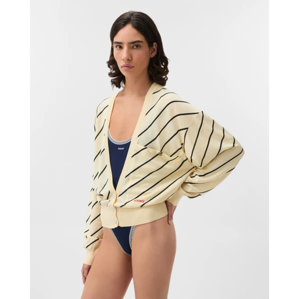 Versace Striped-Intarsia Wool Knit Cardigan in Yellow, view 4 | Cardigan