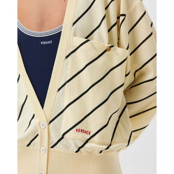 Versace Striped-Intarsia Wool Knit Cardigan in Yellow, view 5 | Cardigan