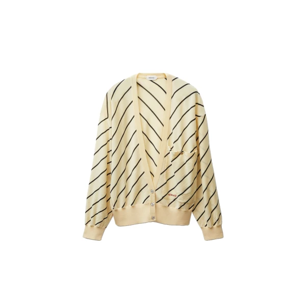 Striped-Intarsia Wool Knit Cardigan in Yellow
