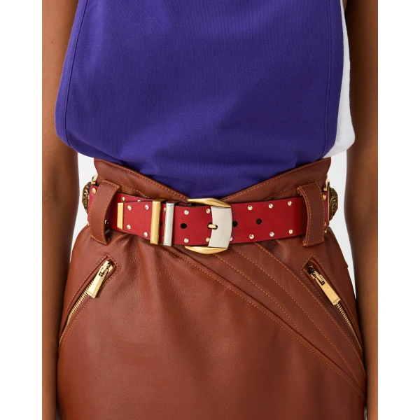 Versace Studded Leather Belt 4 cm in Red, view 2 | Belts