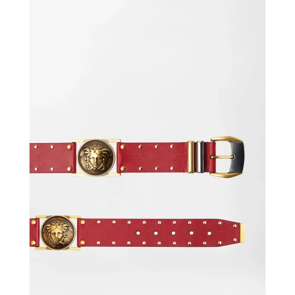 Versace Studded Leather Belt 4 cm in Red, view 3 | Belts