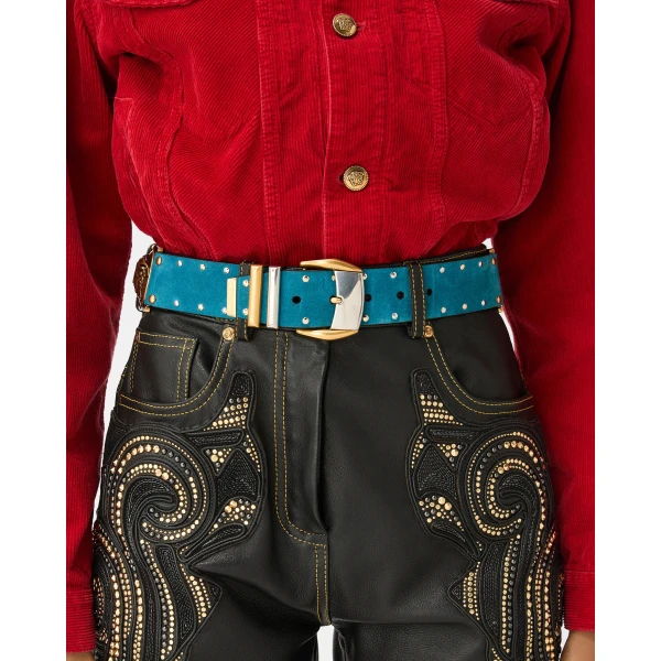 Versace Studded Suede Belt 4 cm in Blue, view 2 | Belts