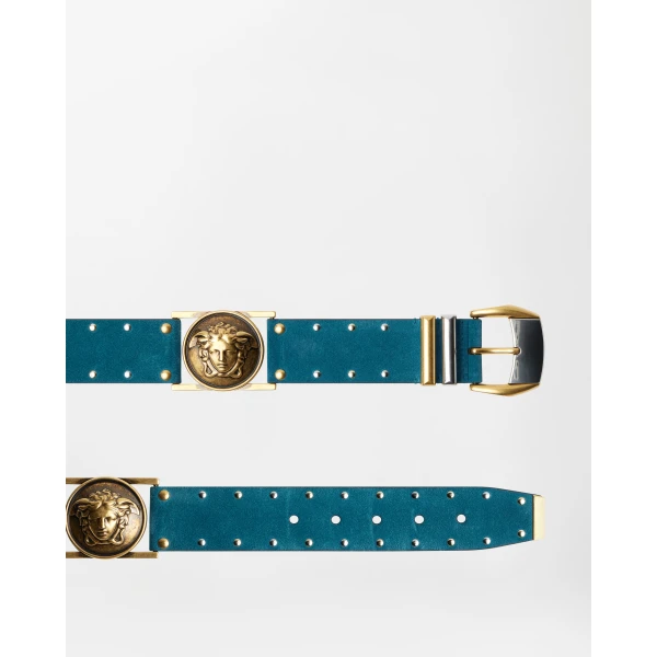 Versace Studded Suede Belt 4 cm in Blue, view 3 | Belts