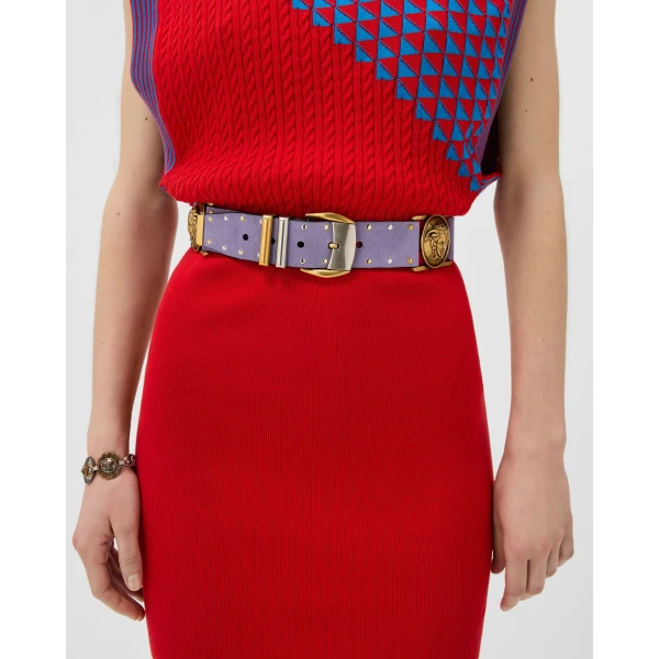 Versace Studded Suede Belt 4 cm in Lilac, view 2 | Belts
