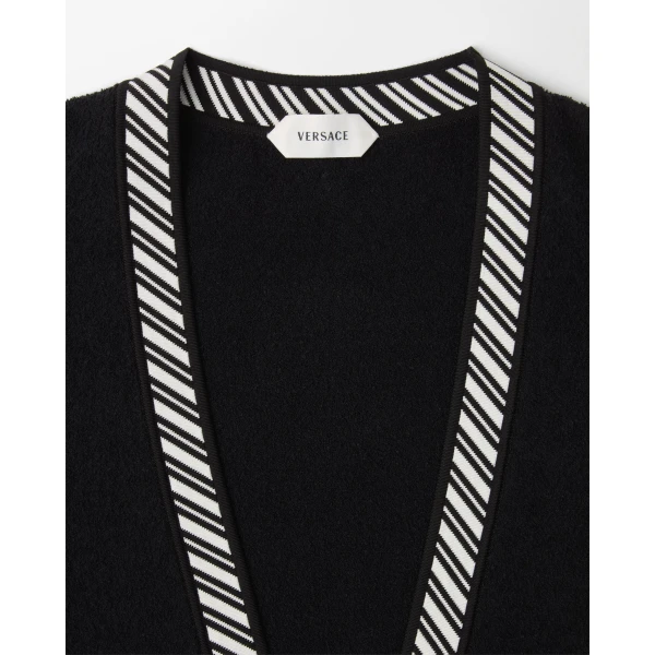 Versace Terry-Knit Cotton V-Neck Cardigan in Black, view 2 | Cardigan
