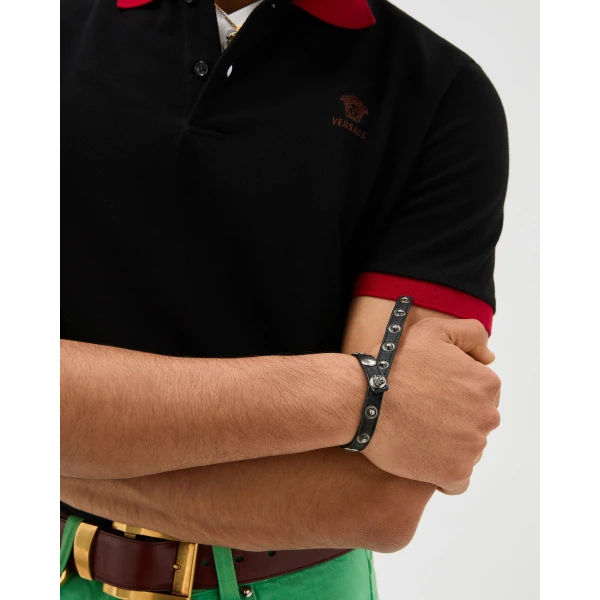 Versace The Spike Leather Bracelet in Black, view 2 | Bracelets