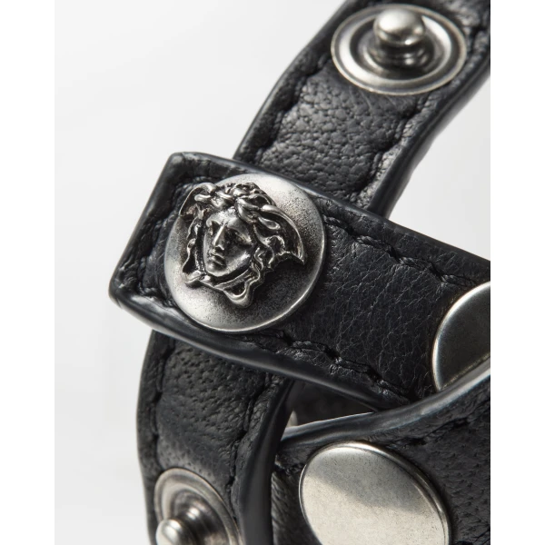 Versace The Spike Leather Bracelet in Black, view 3 | Bracelets