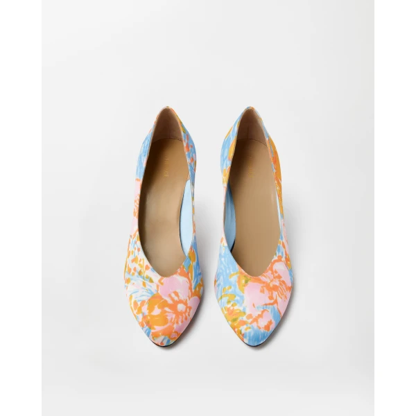 Versace Tina Printed Duchesse Pumps 65 mm in Blue and Orange, view 3 | Heels