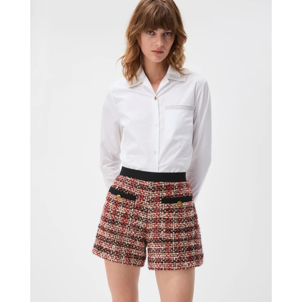 Versace Tweed High-Waist Shorts in Black and Red, view 2 | Shorts