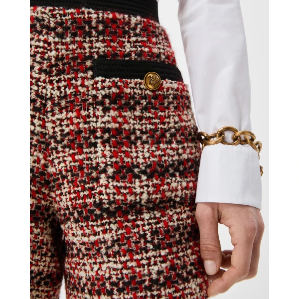 Versace Tweed High-Waist Shorts in Black and Red, view 4 | Shorts