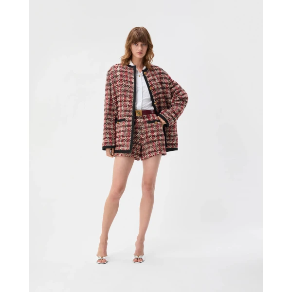 Versace Tweed High-Waist Shorts in Black and Red, view 5 | Shorts