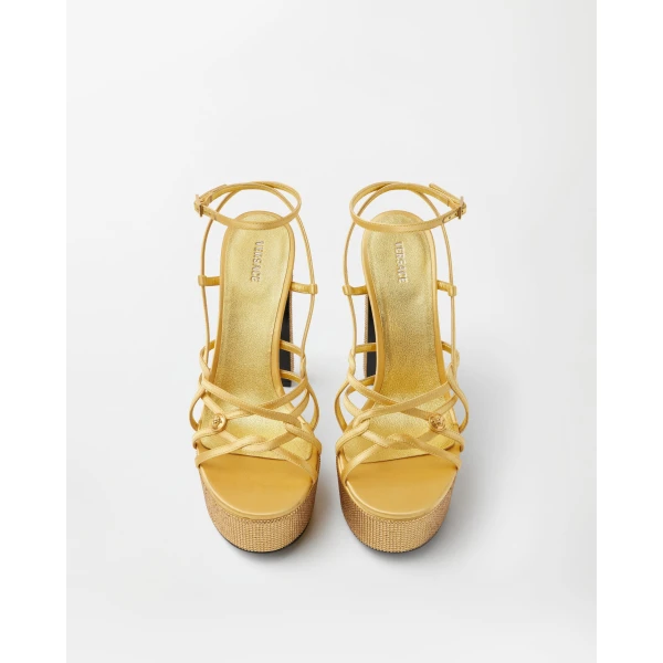 Versace Valentina Embellished Platform Sandals 140 mm in Gold, view 3 | Sandals
