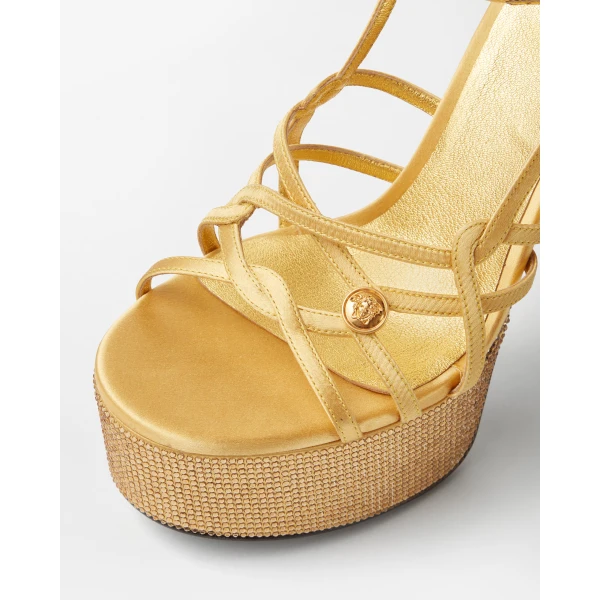 Versace Valentina Embellished Platform Sandals 140 mm in Gold, view 4 | Sandals