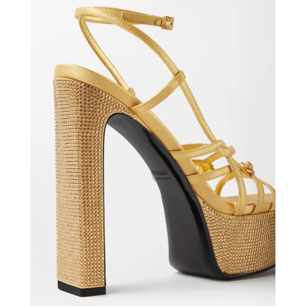 Versace Valentina Embellished Platform Sandals 140 mm in Gold, view 6 | Sandals