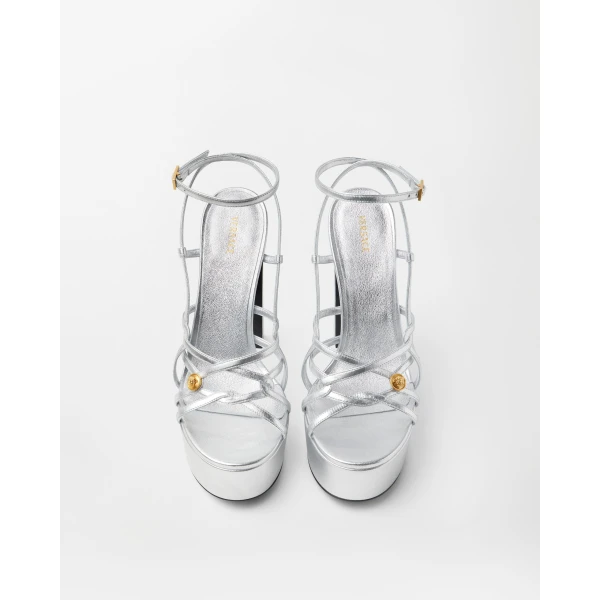 Versace Valentina Metallic Platform Sandals 140 mm in Silver, view 3 | Sandals