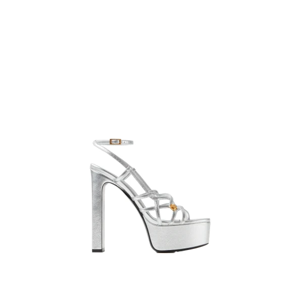 Versace Valentina Metallic Platform Sandals 140 mm in Silver | Sandals | Coveti