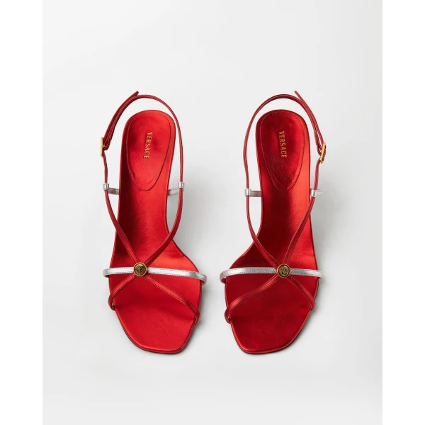 Versace Valentina Metallic Sandals 80 mm in Red, view 2 | Sandals